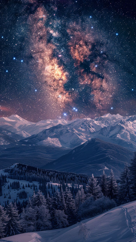 Experience the tranquility of a winter night with this high-definition photograph. The starry sky, snow-capped mountains, and distant forests create a breathtaking and serene landscape.❄️🌌🏔️#WinterWonderland #StarryNight #SnowCappedMountains #WinterLandscape #SereneScenes #HighResolution #NaturePhotography #WinterNights #MountainViews #SnowyForests Starry Night Mountains, Winter Night Sky Aesthetic, Snow Sparkle, Winter Wonderland Wallpaper, Snow Clouds, Snow Night, Mountains Aesthetic, Aesthetic Collection, Snow Forest