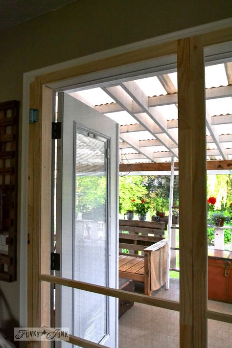 Installing screen doors on french doors... easy and cheap! via Funky Junk Interiors French Door Screen, Rustic French Doors, Doors With Screens, French Doors Living Room, French Doors Design, French Doors With Screens, White French Doors, Indoor Barn Doors, Diy Screen Door