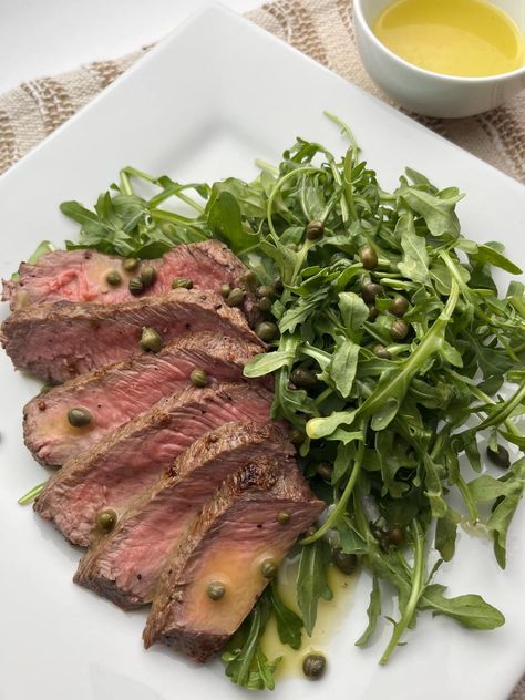 Arugula Steak Salad with Capers and Lemon Vinaigrette Arugula And Steak Salad, Arugula Steak Salad, Steak And Arugula Salad, Caper Vinaigrette, Lemon Vinaigrette Dressing, Steak Wraps, Top Sirloin Steak, Sliced Steak, Steak Salad