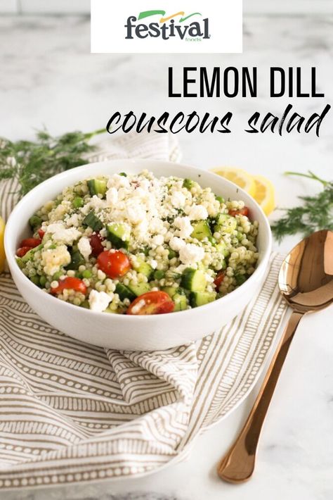 Mediterranean couscous is the star of this tasty salad also featuring fresh herbs and crisp veggies. #lemon #dill #couscous #salad Dill Couscous Salad, Pea Couscous Salad, Lemon Dill Couscous, Couscous Salad Recipes, Mediterranean Couscous, Moroccan Couscous, Festival Foods, Scd Diet, Healty Dinner