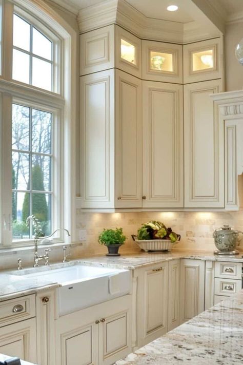 cream kitchen with big windows Kitchen Cabinet Hacks, Cabinet Hacks, White Kitchen Design Ideas, Modern Kitchen Trends, Timeless Kitchen Design, Popular Kitchen Designs, Antique White Kitchen, Kitchen Benchtops, Classic Kitchen Design