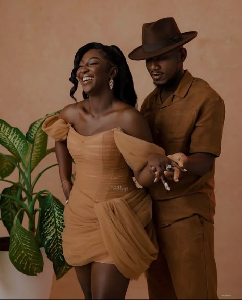 Brown Outfit Couple Photoshoot, Fall Couples Photoshoot Black, Brown Engagement Photos, Brown Couple Photoshoot, Shades Of Melanin Wedding, Brown Couple Outfit, Vintage Wedding Shoot, Proposal Dress Outfit, Black Couples Photoshoot Classy