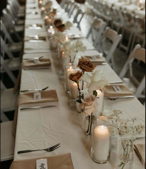 Candle Lit Table Wedding, Simple Decor Wedding Reception, Cheesecloth Table Runner With Candles, Long Wedding Tables Simple, Wedding Table Settings No Flowers, 2024 Wedding Tables, Long Narrow Centerpiece Ideas, Simple Wedding Centerpieces For Long Tables, Rectangle Table Centerpieces Wedding Boho