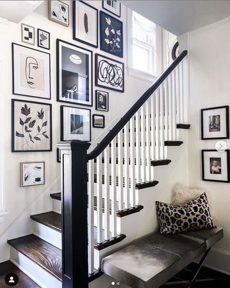 Stairs Wall Design, Side Hall Colonial, Gallery Wall Stairs, Black And White Gallery Wall, Stairway Gallery, Stairway Gallery Wall, White Gallery Wall, Stairwell Ideas, Stairwell Wall