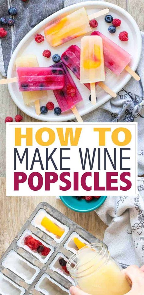 These wine popsicles are super easy to make and easily adapted for any flavor. Eat them alone or get fancy by using them in a glass of wine! #frozenrecipes #popsiclerecipes Wine Popsicles, Popsicle Cocktail, Alcoholic Popsicles, Healthy Wine, How To Make Wine, Boozy Popsicles, Popsicles Recipe, Frozen Cocktail, Sliced Strawberries