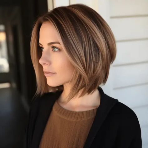 40 Low-Maintenance Medium-Length Haircuts For On-the-Go Women Tortoise Shell Highlights, Shoulder Length Hair Shorter In Back, Hair Styles For Women In Their Late 30’s, Above Shoulder Bob Straight, Chin Length Hair Side Part, Bob Hairstyles 40s Over 40, Brown Haircuts Medium, Versatile Haircut For Women, Flat Straight Hair Hairstyles