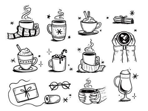 Hot Chocolate Drawing, Coffee Cup Drawing, Coffee Doodle, Mug Drawing, Winter Drawings, Logos Retro, Bujo Doodles, Sketch Note, Coffee Drawing