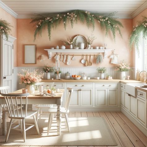 farmhouse kitchen with soft peach walls Peach Kitchen Walls, Coral Living Rooms, Coral Kitchen, Cottage Chic Kitchen, Cottage Core Kitchen, Kitchen Pop, Timeless Farmhouse, Peach Kitchen, Wooden Countertops