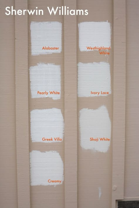 Exterior White Paint: How I Picked a Color – SUBURBAN * POP Sherwin Williams Westhighland White, Neutral Swatches, Stucco Exterior Colors, Sherwin Williams Neutral, White Exterior Paint Colors, Exterior Paint Schemes, White Exterior Paint, White Exterior Houses, Shoji White