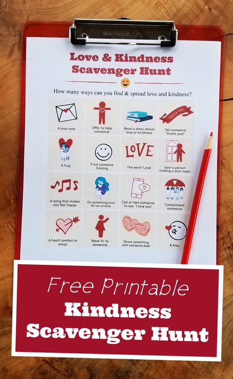 Free printable Kindness Scavenger Hunt - great activity to do at home or in school -- teaching kids about love, acts of kindness and helping others. Kindness Scavenger Hunt, Kindness Week, February Activities, February Activity, Kindness Challenge, Compliment Someone, Kindness Activities, Free Printable Activities, Learning Games For Kids