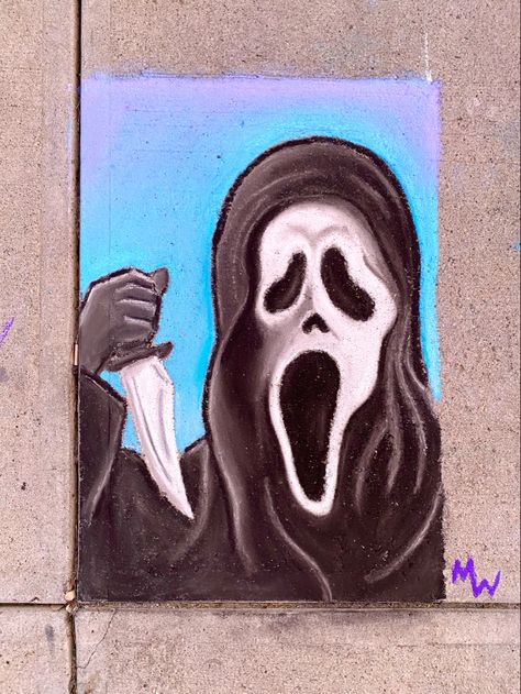 Halloween Chalk Art, Street Chalk Art, Fun Chalk Art, Ghost Face Mask, Scream Ghostface, Chalk Ideas, Side Walk, Sidewalk Chalk Art, Sidewalk Art