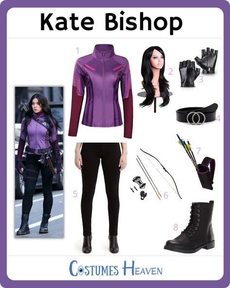 Kate Bishop Halloween Costume, Kate Bishop Cosplay Diy, America Chavez Halloween Costume, Diy Kate Bishop Costume, Marvel Cosplay Diy, Kate Bishop Costume, Kate Bishop Cosplay, Kate Bishop Hawkeye Outfits, Kate Bishop Outfit Ideas