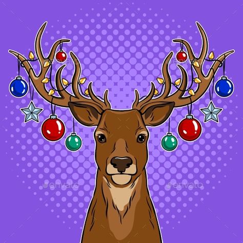 Christmas deer with toys on horns pop art retro vector illustration. Comic book style imitation. Pop Art Christmas, Christmas Comic Art, Christmas Pop Art, Rein Deer Christmas Drawing, Deer Cartoon Illustration, Raindeer Drawing Christmas Cute, Retro Deer Christmas, Deer Vector, Retro Vector Illustration