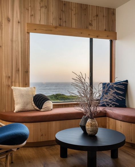 Living Room / Dining Room • Instagram Sea Ranch Lodge, Bbq Night, Sea Ranch, Corner Window, Window Benches, Earthy Color Palette, Bent Wood, Exposed Wood, Pitched Roof