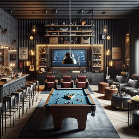 Enter an ultra-cool man cave fitted with a pool table, home theater, full-sized bar, and a foosball table. Indulge in timeless leisure surrounded by dark hues, industrial lighting, and iconic sports memorabilia. A gamer's paradise ready for fun! 

#ManCave #HomeBar #HomeTheater #GamerRoom #PoolTable #SportsMemorabilia Cool Pool Table Rooms, Tv Room With Pool Table, Sports Lounge Ideas, At Home Sports Bar, Man Cave Basement Sports, Man Cave Wet Bar, Dark Man Cave, Shop Man Cave Ideas, Sports Bar Interior