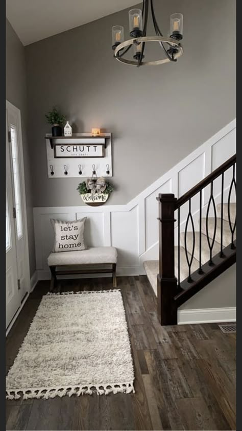 Farmhouse Decor Staircase Wall, Entryway Ideas Near Stairs, Home Entrance Decor With Stairs, Entryway Decor Stairway, Small Foyer Ideas Entryway Stairs, Foyer Ideas With Stairs, Front Entryway With Stairs, Split Level Entry Light Fixture, Small Foyer With Stairs Entryway