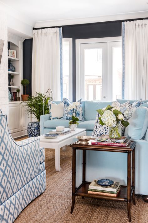 Blue and White, Classic, Southern Living Room Southern Preppy Living Room, Coastal Southern Bedroom, Classic Southern Living Room, Blue And White Southern Living Room, Light Blue Decor Living Room, Living Room Southern, Charleston Living Room, Southern Traditional Living Room Blue And White, Grandmillenial Apartment Living Room