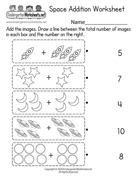 Students can add planets, stars, rockets, and moons in this free space math worksheet for kindergarten. Then children can match these space-themed pictures with the correct numbers by drawing a line. This simple addition activity would be perfect for children who are at the beginning stage of addition. Space Math Worksheets, Simple Addition Kindergarten, Moon Worksheets For Kids, Simple Addition Worksheets Free, Space Kindergarten Activities, Space Worksheets For Preschool, Printable Addition Worksheets, Space Math, Addition Activity