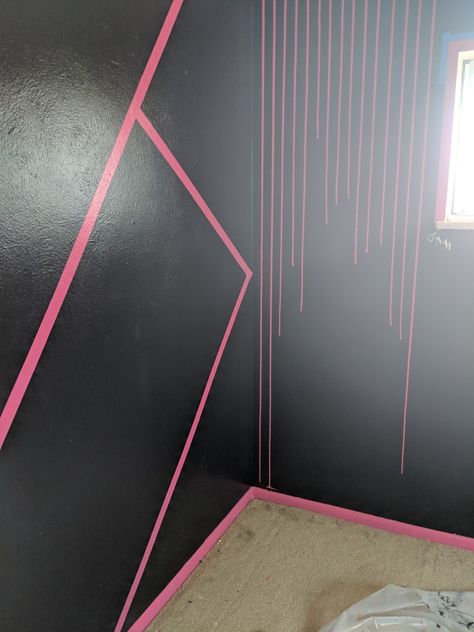 Black and pink Pink And Black Salon Ideas, Pink Black Gold Wall, Pink And Black Beauty Salon, Hot Pink And Black Room Aesthetic, Pink And Black Striped Wall, Black And Pink Wallpaper For Bedroom, Edgy Bedroom, Pink Accent Walls, Pink Bedroom Walls