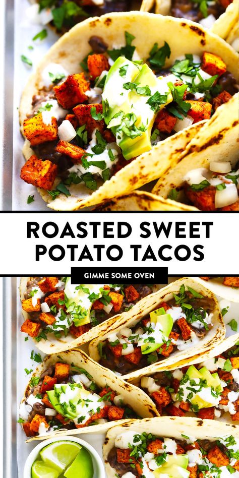 These zesty roasted sweet potato tacos are made with refried black beans, fresh avocado, lime crema, and your choice of toppings.  Easy to make, naturally vegan and gluten-free, and SO delicious! | gimmesomeoven.com #tacos #sweetpotato #vegetarian #vegan #glutenfree #healthy #mexican #dinner #beans Sweet Potato Bean Tacos, Roasted Sweet Potato Tacos, Healthy Mexican Dinner, Avocado Lime Crema, Refried Black Beans, Blue Zones Recipes, Zone Recipes, Lime Crema, Sweet Potato Tacos