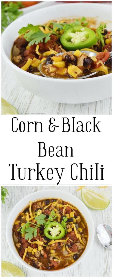 This Corn and Black Bean Turkey Chili is quick, easy and inexpensive to throw together with all the flavors that comfort food has to offer! #chili #turkey #groundturkey #healthychili #coldweatherrecipe #easychilirecipe Chili Recipe With Corn, Ground Turkey Chili Recipe, Turkey Black Bean Chili, Chili Recipe With Black Beans, Turkey Chilli, Ground Turkey Chili, Turkey Chili Crockpot, Corn And Black Bean, Ground Turkey Soup