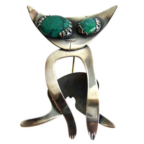 Robert and Audrey Engstrom Malachite Sterling Silver Cat Brooch 1 Art Jewelry Design, Wearable Art Jewelry, Sterling Silver Cat, Modernist Jewelry, American Modern, Mid Century Jewelry, Modern Cat, Silver Cat, Antique Brooches