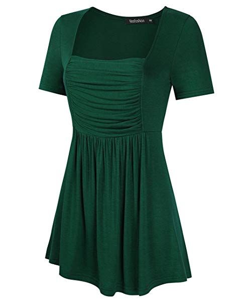 Yesfashion Womens Square Neck Ruched Tops Empire Waist Tunics Short Sleeve Dark Green L at Amazon Women’s Clothing store: Womens Peplum Tops, Empire Waist Tops, Chunky Scarves, Amazon Women, Winter Looks, Empire Waist, Tunics, Square Neck, Clothing Store