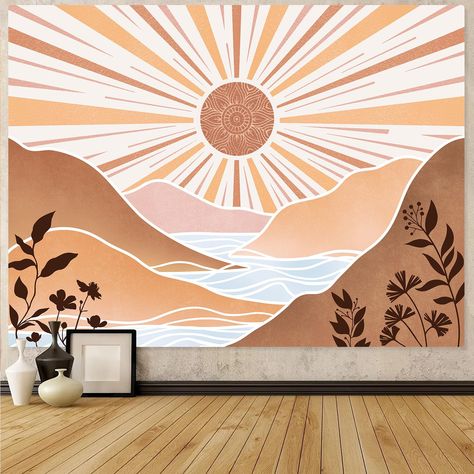 PRICES MAY VARY. Material: Polyester. Dimension: 36''high × 48''wide, 44''high × 60''wide, 60''high × 80''wide，68''high × 90''wide. Decorative: This sun tapestry is designed in boho style, whether the wall tapestry is used as a bedroom tapestry or a living room tapestry, it can make you feel comfortable and enhance your aesthetics. Your guests will praise your choice. High Quality: The vintage sun tapestries have clear prints, rich colors, soft and skin-friendly material, and does not fade. Mult Tapestry Painting Ideas, Sunrise Wall Art, Sunset Nursery Theme, Sun Mural Wall, Beach Boho Living Room, Sunshine Classroom, Nature Murals, Sunset Mural, Sun Tapestry