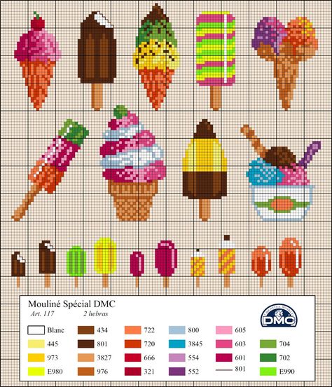 Ice Cream Food Cross Stitch Patterns Free, Cross Stitch Food, Food Cross Stitch, Cross Stitch Kitchen, Small Cross Stitch, Cross Stitch Love, Pola Kristik, Mini Cross Stitch, Ice Creams