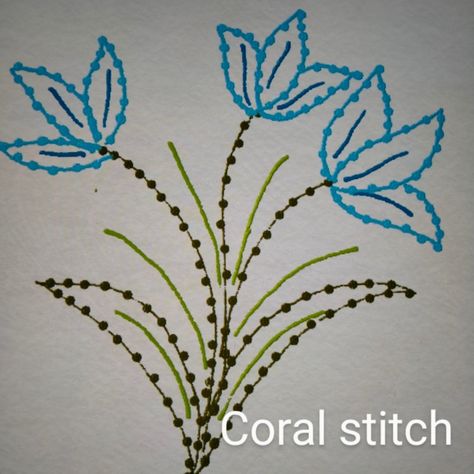 Coral stitch looks like a knot and is used for outlining in hand embroidery designs. Thicker thread gives a more prominent knot. Coral Stitch Embroidery Design, Coral Embroidery Design, Coral Stitch Embroidery, Simple Flower Embroidery Designs, 52 Blocks, Coral Stitch, Coral Embroidery, Stitches Design, Stitch Embroidery Design