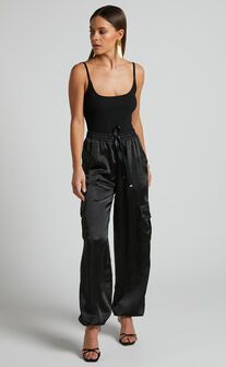 Cargo Pants | Showpo USA Black Satin Joggers Outfit, Black Satin Cargo Pants Outfit, Silk Cargo Pants Outfit, Black Joggers Outfit Dressy, Satin Pants Outfit Classy, Satin Joggers Outfit, Black Satin Pants Outfit, Satin Cargo Pants Outfit, Cargo Joggers Outfits