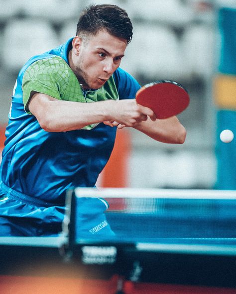 Slovenian table tennis player Deni Kožul in action. Table Tennis Photography, Table Tennis Player, Tennis Player, Ping Pong Table, Table Tennis, Ping Pong, Slovenia, Pose Reference, Tennis