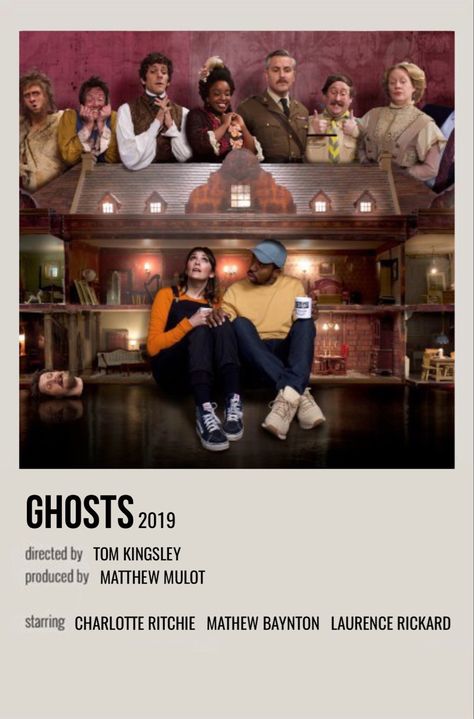 minimal polaroid series poster for ghosts Halloween Polaroid Poster, Ghosted Movie Poster, Ghost World Poster, Polaroid Board, The Shining Polaroid Poster, Ghosts Tv Show Uk, Charlotte Ritchie, Ghosts Bbc, Uk Tv Shows