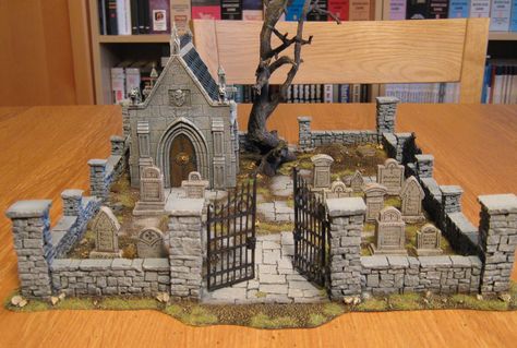 perfect graveyard example to build....LOVE this one Lemax Spooky Town Display, Spooky Town Village, Guard Tower, Hobby Table, Dept 56 Halloween, Halloween Village Display, Lemax Spooky Town, Etsy Halloween, Haunted Dollhouse