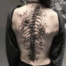 Spine With Flowers Tattoo, Shatter Tattoo Ideas, Cool Spinal Tattoo, Patchwork Stomach Tattoos Women, Goth Bird Tattoo, Back Tattoo Women Goth, Back Gothic Tattoo, Gothic Tattoo Patchwork, Creepy Back Tattoos