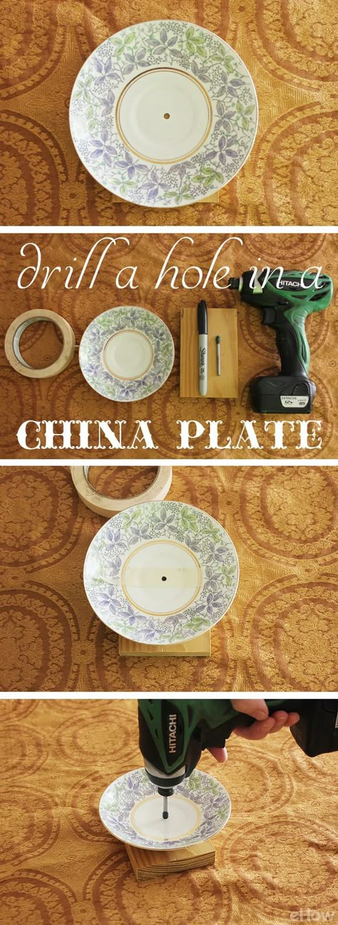 To drill a hole into your china plates or porcelain pieces, you'll need the right materials and simple techniques. Learn how to here: http://www.ehow.com/how_7674179_drill-hole-china-plate.html?utm_source=pinterest.com&utm_medium=referral&utm_content=inline&utm_campaign=fanpage Repurposed China, Teacup Crafts, China Crafts, Plate Flowers, Glass Garden Art, Cup Crafts, Broken China, China Plates, Glass Garden