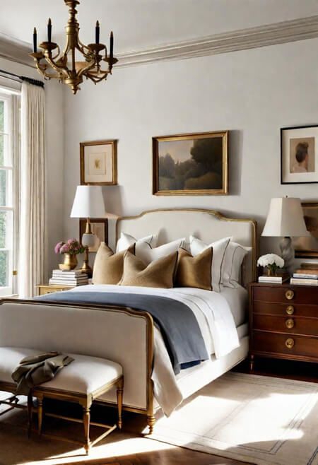 Paint color options for architectural trim and mouldings.  Modern baseboards and trim. Contrast trim. Window trim. Black trim interior. Moldings and trim. Wall trim. Window trim ideas interior. Picture frame molding. Wall molding design. Molding on walls. Crown molding ideas.  nancy meyers aesthetic. calming neutral bedroom decoating ideas. traditional bedroom decor. Primary Bedroom Hallway, Trim Room Ideas, Crown Molding Apartment, Modern Nancy Meyers, Traditional Modern Home Decor Bedroom, Green And Blue Guest Bedroom, Wall Trim In Bedroom, Contrasting Crown Molding, Wallpaper With Crown Molding