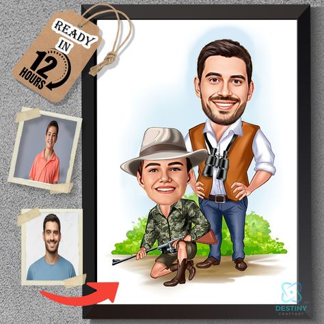 Personalized hunting caricature portrait for Father's Day. A unique and thoughtful gift for the dad who loves to hunt. #fathersday #hunting #gift . #Fathers_Day_Gifts #Father_With_Son #Caricature_Portrait #Custom_Drawing Father With Son, Caricature Portrait, Custom Drawing, Art Masters, Portraits From Photos, Birthday Surprise, Custom Portraits, I'm Happy, Portrait Art