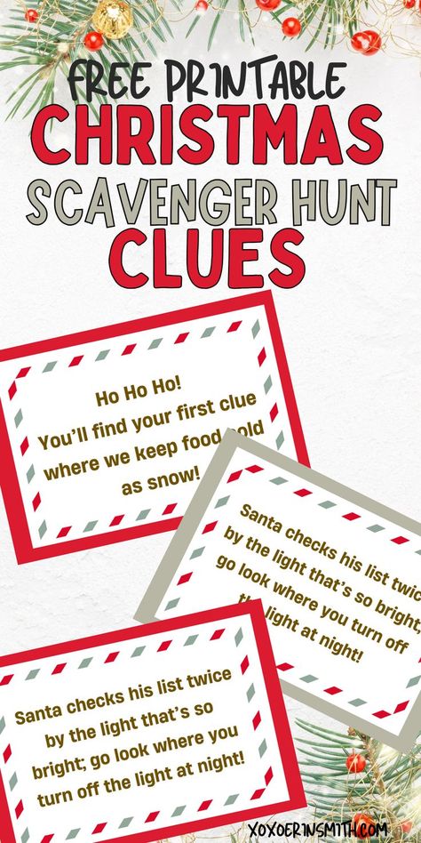 fun Christmas scavenger hunt clues free printable for kids Christmas Clues To Find Presents, Christmas Morning Scavenger Hunt, Christmas Present Hunt, Christmas Scavenger Hunt Ideas, Kids Scavenger Hunt Clues, Scavenger Hunt Gift, Christmas Scavenger Hunt Clues, Christmas Gift Hunt, Scavenger Hunt Christmas