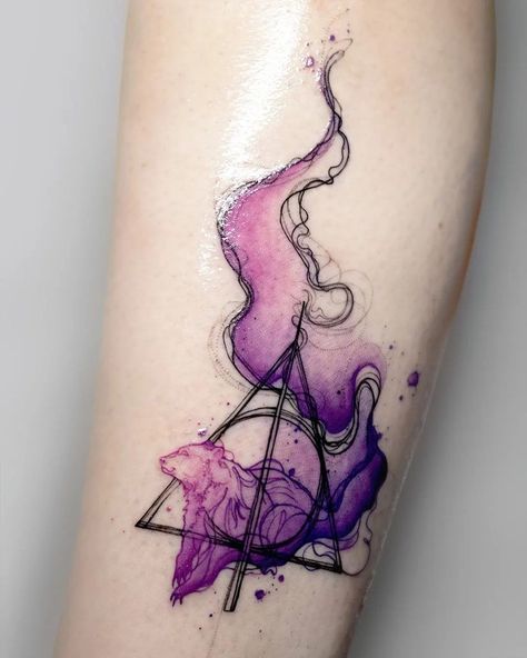 Harry Potter Tattoos Colorful, Pretty Harry Potter Tattoos, Harry Potter Arm Tattoo Ideas, Harry Potter Tattoos Slytherin, Harry Potter Wand Tattoo, Harry Potter Inspired Tattoos, Matching Harry Potter Tattoos, Clouds And Stars Tattoo, Watercolor Tattoos For Women