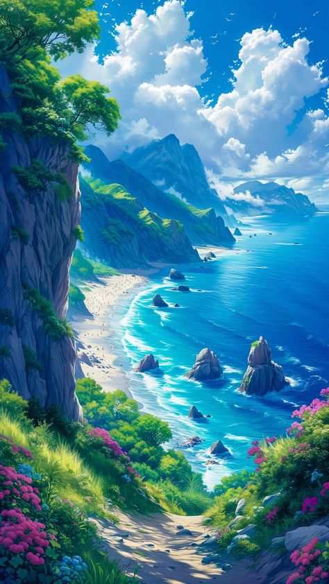 Beach Landscape Art, Landscape Wallpapers, 2160x3840 Wallpaper, Fantasy Background, Landscape Artwork, Cool Wallpapers Art, Artwork Wall, Landscape Drawings, Fantasy Art Landscapes