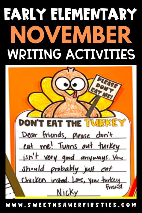 Are you looking for some creative November writing prompts for your early elementary students? November can be busy with all of the Thanksgiving activities for kids, but it’s a great time to add in some easy writing activities in your K-2 classroom as well. Your early elementary students will love creating and crafting pop up cards for kids or how to help a turkey escape activity. There are some great mentor texts for writing as well as a Thanksgiving lap book. 1st Grade Turkey Disguise, Turkey Craft 1st Grade, Thanksgiving Writing Activities 2nd Grade, Turkey Writing First Grade, Thankful Writing 2nd Grade, Turkey Activities First Grade, Thankful Writing 1st Grade, Thanksgiving Writing Craft, A Turkey For Thanksgiving Activities