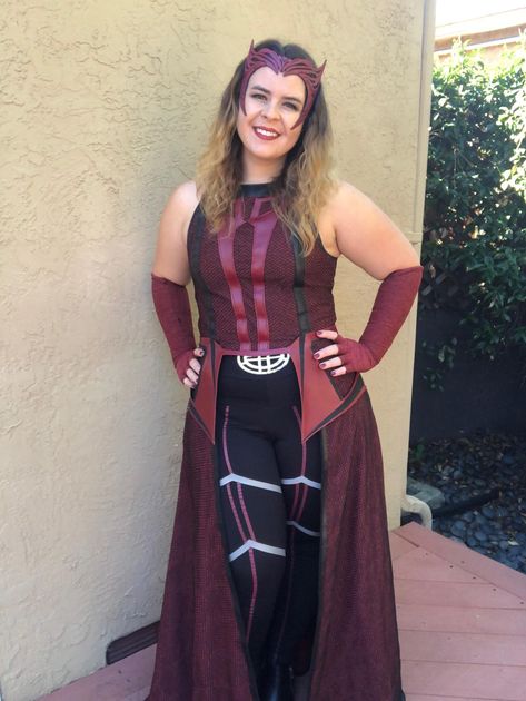 Diy Scarlet Witch Costume, Witch Costume Diy, Scarlet Witch Costume, The Scarlet Witch, Homemade Costume, Red Long Sleeve Shirt, Costume Diy, Black Headband, Witch Costume