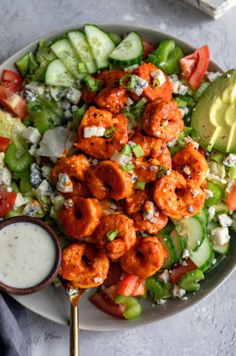 Easy Buffalo Shrimp Salad - Dash of Mandi Food Recipes Shrimp, Buffalo Shrimp Salad, Protein Salads, Big Salads, Salad Shrimp, Buffalo Shrimp, Daniel Plan, Recipes Shrimp, Shrimp Salad Recipes