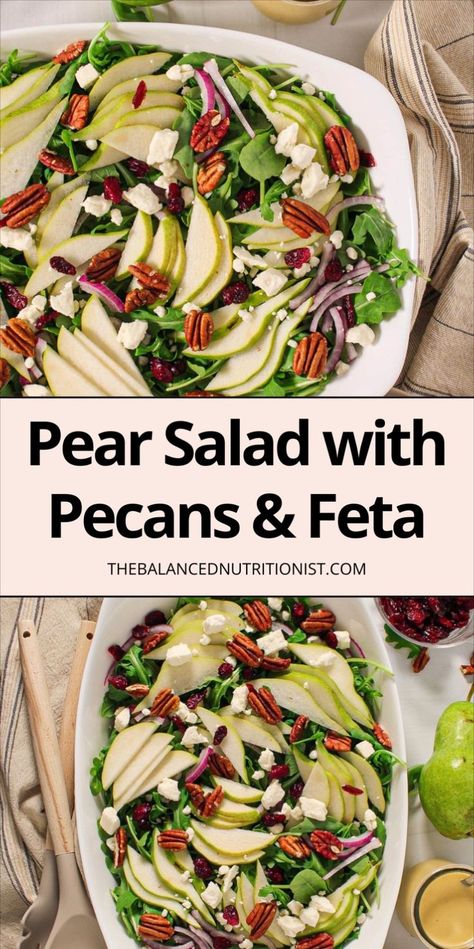 This fall salad is perfect for a crowd and makes a healthy Thanksgiving side dish. Featuring pears, toasted pecans, feta cheese, and cranberries, this fabulous pear salad combines autumn flavors in every bite. Try this arugula pear salad for your next holiday meal, one of the best side salads for Thanksgiving dinner! Sherry Shallot Dressing, Salads For Thanksgiving Dinner, Salads For Thanksgiving, Lunch Bowl Ideas, Arugula Pear Salad, Lunch Ideas At Home, Healthy Fall Salads, Shallot Dressing, Salad With Pears