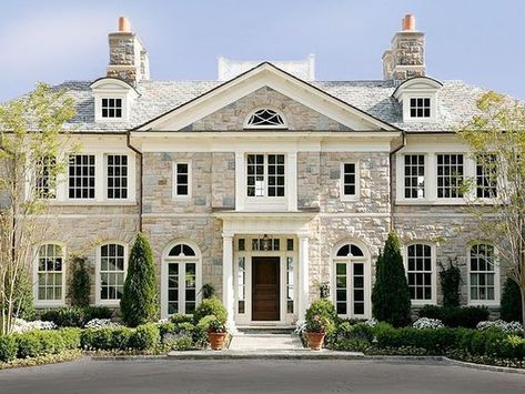 5 Steps to Designing a Classic Stone Exterior - Keep it Simple Symmetrical House Exterior, Three Story Mansion, Exterior Limestone, Stone And Brick House Exterior, Symmetrical Architecture, Classic Home Exterior, Mansion Estate, Georgian Houses, Georgian Revival