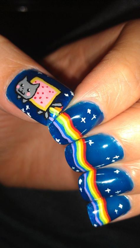 "Nyan Cat Nails :3" Rainbow Nail Art Designs, Cute Easy Nail Designs, Pro Nails, Cat Nail Art, Rainbow Nail Art, Cute Simple Nails, Christmas Nails Easy, Nyan Cat, Rainbow Cat