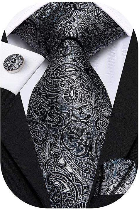 AmazonSmile: Hi-Tie Extra Long Black and Grey Paisley Men's Necktie Wedding Silk Tie Handkerchief 63inches : Clothing, Shoes & Jewelry Formal Clothing, Vogue Men, Mens Silk Ties, Ties For Men, Tie Men, Vest And Tie, Men Stylish Dress, Paisley Tie, Mens Tie