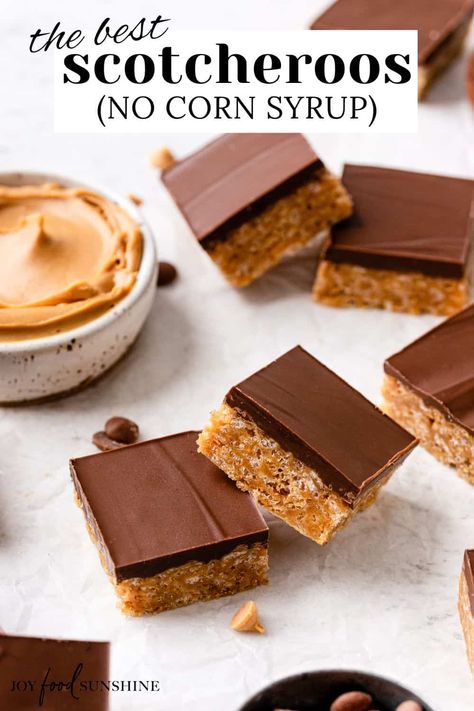 This scotcheroos recipe is easy to make with simple ingredients and no corn syrup. They’re a delicious no-bake treat sure to become a family favorite. Chex Scotcheroos Recipe, Scotcheroos Recipe, Easy Bar Recipes, Honey Recipes, Healthy Sweets Recipes, No Bake Treats, Best Dessert Recipes, Re A, Sweets Desserts