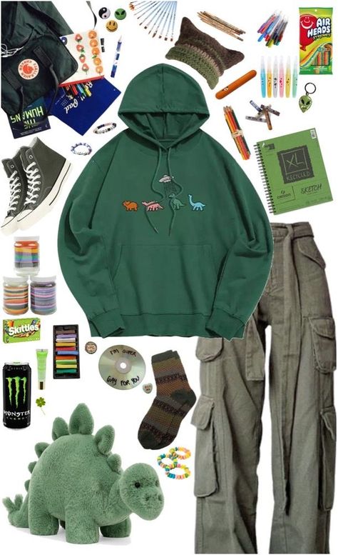 Cute Dinosaur Outfit Women, Dinocore Aesthetic Outfits, Dino Inspired Outfits, How To Style Green Hoodie, Cute Dinosaur Outfit, Dinosaur Aesthetic Outfit, Dinosaur Outfit Aesthetic, Dinosaur Inspired Outfit, Frogcore Outfits